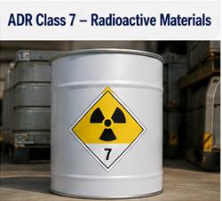 Radioactive material transport with ADR Class 7 hazard symbols and protected containers