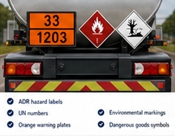 ADR orange warning plates hazard labels and UN numbers on dangerous goods truck
