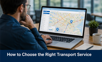 Logistics planning process with person choosing transport service using laptop and transport routes
