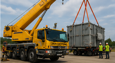 Crane truck loading oversized cargo during heavy haul transport operation