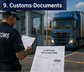 Truck driver presenting customs documents at border control checkpoint in Europe