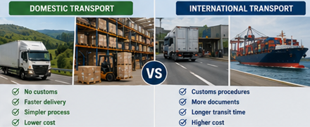 Comparing domestic and international transport with local trucks customs inspections ports and international freight logistics