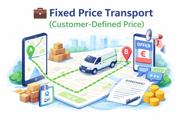 Fixed price transport order with route from point A to point B, showing customer-defined pricing and agreement with carrier