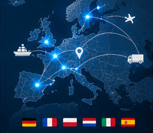International transport tracking across European countries with logistics routes and customs operations