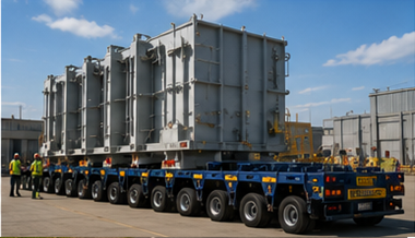Modular heavy haul trailer system transporting oversized industrial cargo