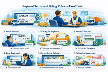 Business agreement and digital payment process illustration showing billing rules and compliance on ExusTrans
