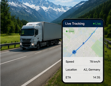 Truck with GPS route tracking system on European highway during transport operation