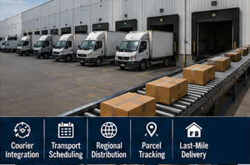 Delivery trucks loading shipments from fulfillment warehouse