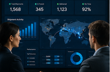 Supply chain managers monitoring transport tracking analytics and logistics dashboards