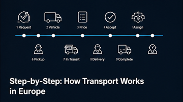 Logistics process step by step transport workflow pickup delivery tracking driver route planning Europe