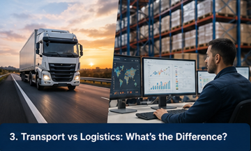 Comparison diagram showing difference between transport and logistics processes