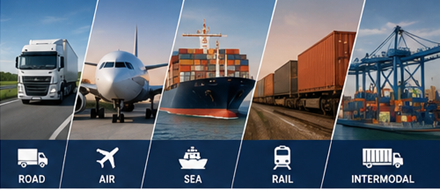 Different freight transport methods including truck airplane cargo ship and freight train