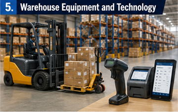 Warehouse equipment including forklifts pallet racks barcode scanners and logistics technology